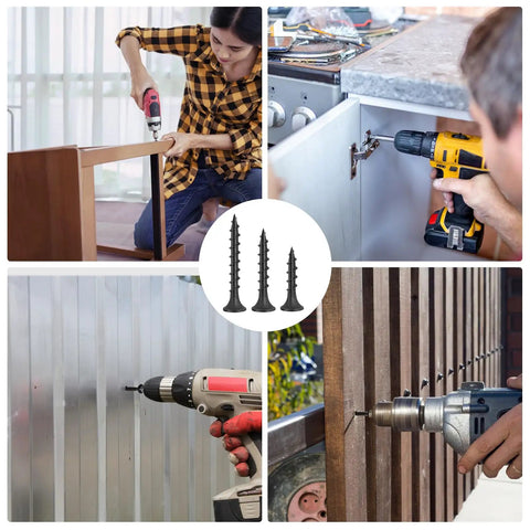 Pro Grade Heavy Duty Drywall Screws And Wood Fasteners, Black Oxide Coated Eight By Three Inch Phillips Head Drive used in various DIY projects.