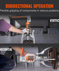 VEVOR hydraulic gear puller with 12-inch jaws and orange power unit, vertical and horizontal hub pulling shown.