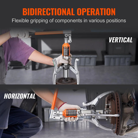 VEVOR hydraulic gear puller with 12-inch jaws and orange power unit, vertical and horizontal hub pulling shown.