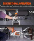 Hydraulic Gear Puller Kit With 5 Ton Capacity And 8 Inch Jaw, 2 Or 3 Jaws, Vertical And Horizontal Pull, Wheel Bearing Separator shown in vertical and horizontal use.
