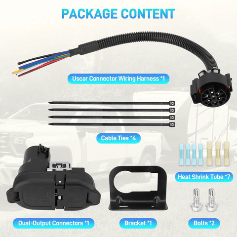 7 Way Blade And 4 Way Flat Trailer Wiring Harness Connector Kit with Mounting Bracket package contents displayed