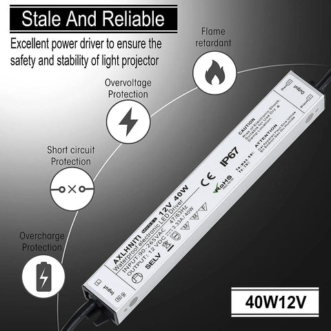 4 Pack LED Driver 40W Waterproof IP67 Power Supply 90V to 265V AC to 12V DC Constant Voltage showing features and protections