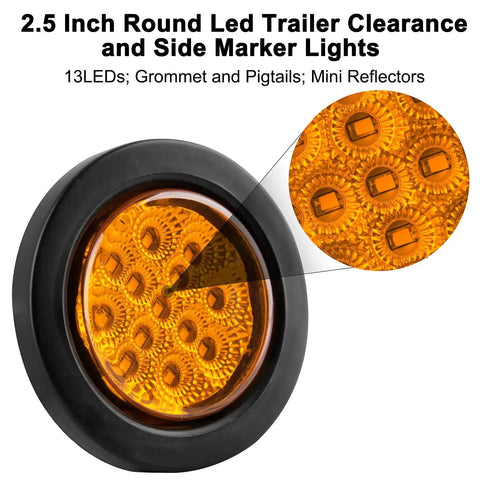 Close-up of amber 2.5 Inch Round LED Marker Lights with 13 LEDs reflectors, sealed flush mount grommets, for truck RV trailer lighting.