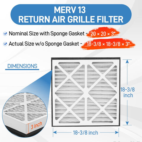 MERV 13 Pleated Air Filter Replacement 20x20x3 For Whole Home Return Air Grille, Compatible With VGF Series, dimensions diagram