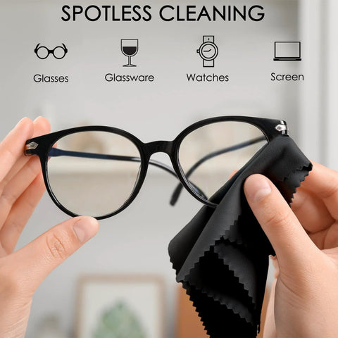 Eyeglasses cleaning microfiber cloth, 7 x 6 in, black, used to wipe lenses (front view)