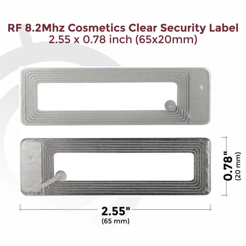 Clear RF 8.2MHz Security Label For EAS Checkpoints, 2.55 x 0.78 inch size, shown with dimensions on white background