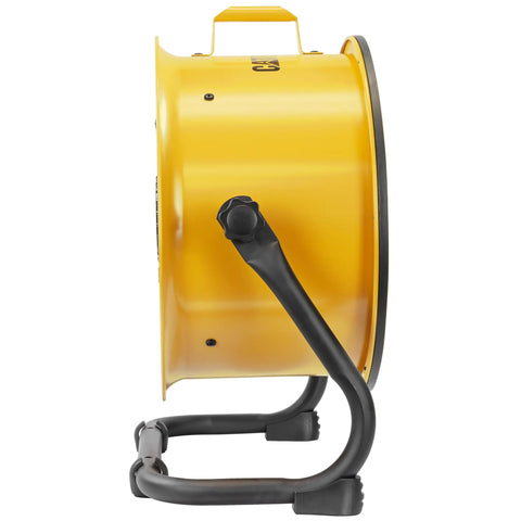 Side view of yellow Industrial Grade 14 Inch High Velocity Drum Fan With Four Speed Settings, 360 Degree Adjustable Drum Head, Jobsite Ready