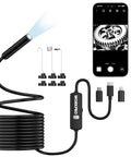 Endoscope Camera 16.4 Ft Cable 1920P HD For iOS And Android With Type C To Lightning And Type C To Micro USB Adapters Real Time View On Phones Tablets And PCs HarmonyOS Not Supported, black cable and phone display