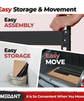 Heavy Duty Black Metal Shelving Unit Five Tier Garage Storage Rack With Quick Snap Together Boltless Assembly For Tools And Gear Zero Fuss Setup Built Tough image showing easy assembly, storage, and movement features.
