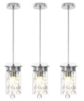 Three Pack Crystal Pendant Lights For Kitchen Island With Adjustable Chrome Finish Glass Shade Teardrop Crystals, front view.