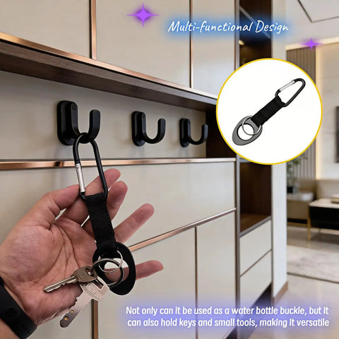 Hand holding Durable Silicone Water Bottle Holder With Carabiner Clip and Key Ring, showing versatile indoor hook use.