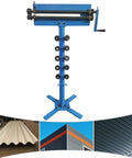 Pro Grade Manual Bead Roller With Six Dies Set For Sheet Metal Fabrication shown with blue frame and dies for metalwork.