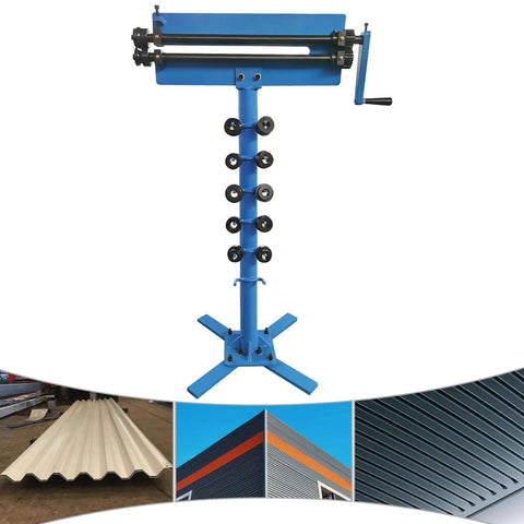 Pro Grade Manual Bead Roller With Six Dies Set For Sheet Metal Fabrication shown with blue frame and dies for metalwork.