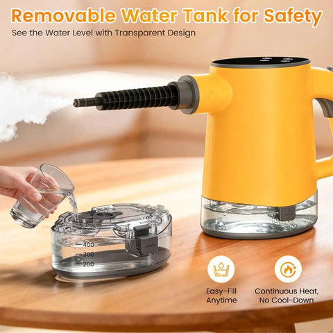1200W Handheld Steam Cleaner Heats Up In Just 10 Seconds For A Straight Up No Hassle Deep Clean Knocking Out Bathroom Grout And Kitchen Grease With Adjustable Settings For A Quick Home Refresh That Delivers. Removable transparent water tank shown with user pouring water.