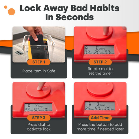 Countdown Timed Lock Box for Snacks and Valuables With Self Control Timer, Mini Safe Habit Hack Container for Building Better Habits, Locking Storage Box to Help You Stay Focused, White Lid and 3.0 Inch Base