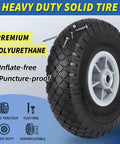 10x3.00-4 Flat Free Tire And Wheel Assembly For Carts And Trolleys, highlighting premium polyurethane, heavy duty solid tire