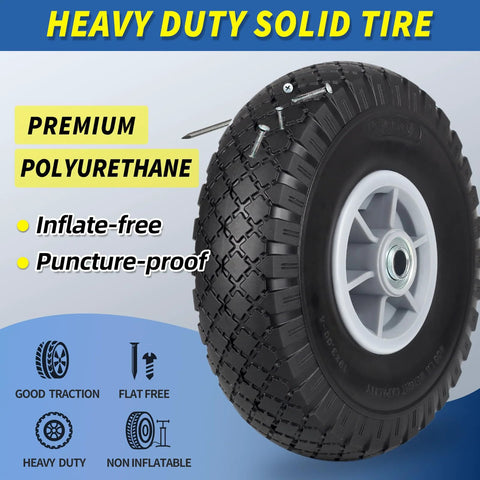 10x3.00-4 Flat Free Tire And Wheel Assembly For Carts And Trolleys, highlighting premium polyurethane, heavy duty solid tire