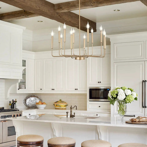 Modern Gold Farmhouse 12 Light Chandelier Industrial Metal Pendant Lighting With Candle Style Bulbs in a kitchen setting