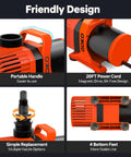 Ultra Quiet 6600 GPH Submersible Water Pump With 26 Ft Lift showing portable handle, 20 ft power cord, nozzle options, bottom feet