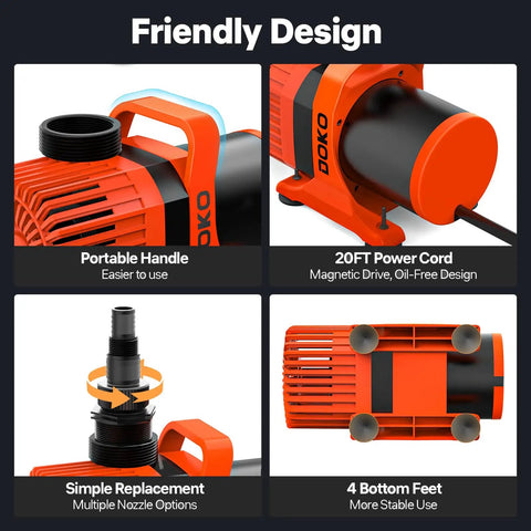 Ultra Quiet 6600 GPH Submersible Water Pump With 26 Ft Lift showing portable handle, 20 ft power cord, nozzle options, bottom feet