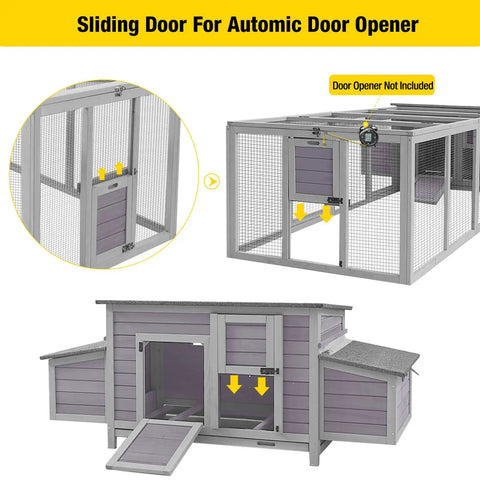 Outdoor Wooden Chicken Coop For 4 To 6 Birds With Two Nesting Boxes, Big Hen House And Bird Run, Grey AIR45 sliding door