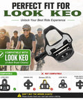 Road Bike Pedals For Look KEO System Only Lightweight Clipless Pedals With Sealed Bearings Nylon Glass Fiber Body 9 16 Inch Spindle Cleats Included Built For Indoor Spin And Speedy Road Cycling, image showing compatibility chart with Look KEO cleats.