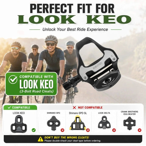 Road Bike Pedals For Look KEO System Only Lightweight Clipless Pedals With Sealed Bearings Nylon Glass Fiber Body 9 16 Inch Spindle Cleats Included Built For Indoor Spin And Speedy Road Cycling, image showing compatibility chart with Look KEO cleats.