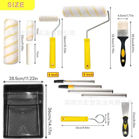 Heavy Duty Paint Roller Kit With Extension Pole Reaches High Ceilings Effortlessly No Ladder Required showing various paint rollers and tray.