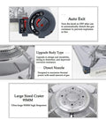 Close-up of control features and components on Rugged Portable Camping Stove With Butane Burner Auto Safety Shutoff Stainless Steel Design
