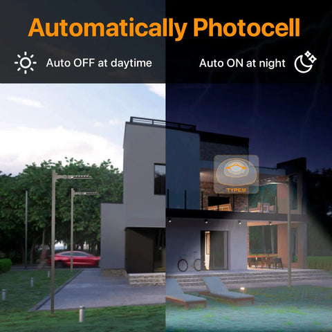 LED Parking Lot Light 200W 30,000 Lumens 5000K Street Light With Dusk To Dawn Photocell illustrating automatic photocell feature.