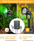All-In-One RGBW Landscape Lighting Kit with low voltage LED spotlights and 60W transformer with timer and light sensor outdoors