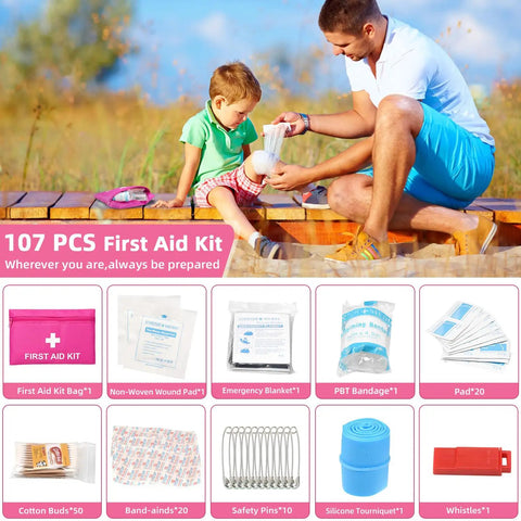 Father using 107 PCS First Aid Kit on child outdoors, featuring various first aid supplies in a pink bag.