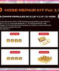 JZWELD 1/4in hose repair kit front view with crimper; shows hose splicers, nuts, ferrules, and couplers.