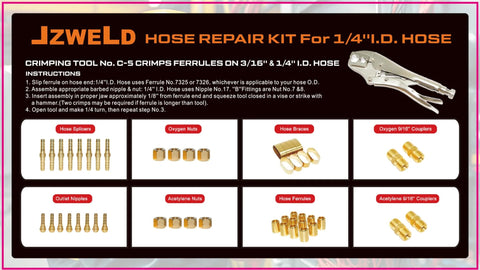 JZWELD 1/4in hose repair kit front view with crimper; shows hose splicers, nuts, ferrules, and couplers.
