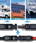 24 Pack Solar Panel Cable Connectors, Male And Female IP67 Waterproof, shown on RV roof and boat applications.