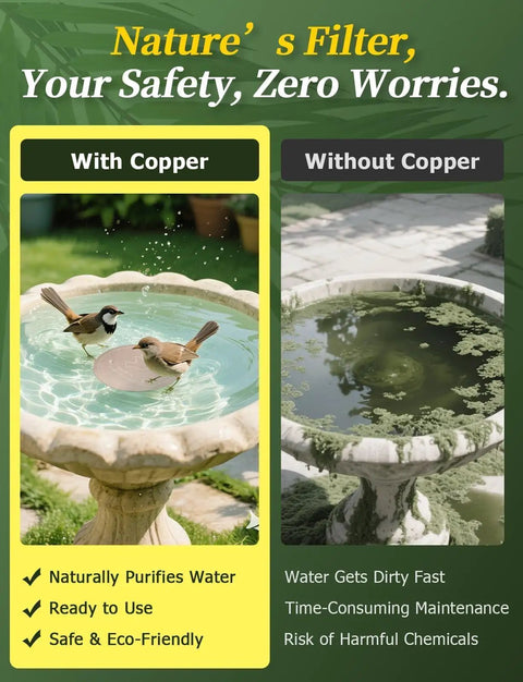 Copper Disc Bird Bath Cleaner For Outdoor Water Fountains And Bowls, 0.6mm Reinforced 99.99% Pure Copper, showing clean vs dirty fountains