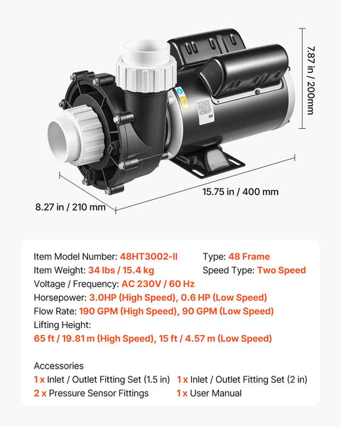 Workhorse 3Hp TwoSpeed Hot Tub Pump For Spas With Smooth 48Frame Build showcasing dual ports and dimensions for installation.
