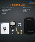 Packing list for Full Range Micron Gauge For HVAC And Refrigeration, Wireless Digital Vacuum Meter From Zero To Seven Hundred Sixty Thousand Microns, Adapter Included, App Alarms, Offline Recording, One Quarter Inch SAE Port.