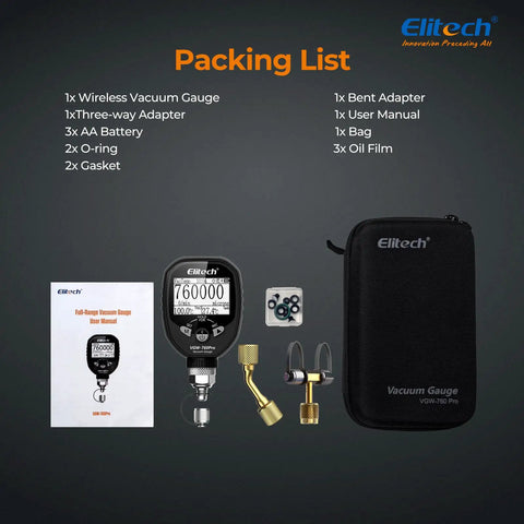 Packing list for Full Range Micron Gauge For HVAC And Refrigeration, Wireless Digital Vacuum Meter From Zero To Seven Hundred Sixty Thousand Microns, Adapter Included, App Alarms, Offline Recording, One Quarter Inch SAE Port.