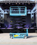 Industrial Scissor Lift Platform For Smooth Cargo Transfer And Equipment Maintenance Hydraulic Lifter raised on stage for maintenance access.