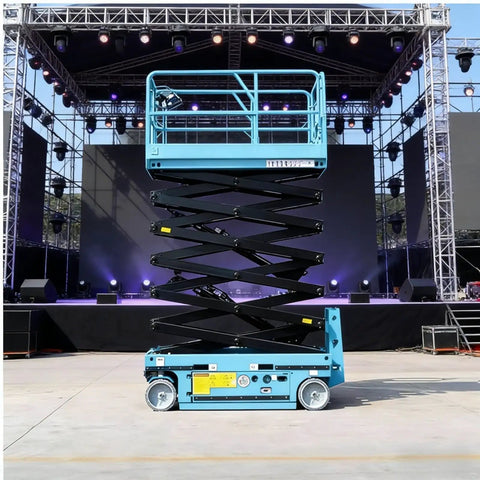 Industrial Scissor Lift Platform For Smooth Cargo Transfer And Equipment Maintenance Hydraulic Lifter raised on stage for maintenance access.