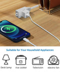 Indoor Extension Cord 12 Foot 2 Prong Power Cable With 3 Polarized Outlets And Safety Slide Windows 13A 1625W 16 AWG Durable Indoor Cord Ideal For Home Office Dorm Workshop 2 Pack Everyday Use, charging phone on desk
