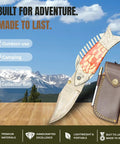 Copper Damascus Fish Style Folding Knife With Ladder Pattern Blade Handcrafted EDC Pocket Knife shown with leather sheath.