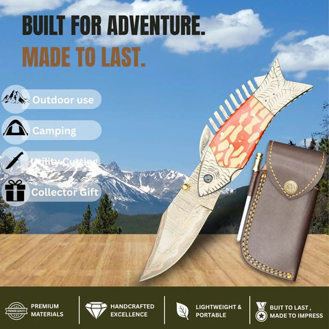 Copper Damascus Fish Style Folding Knife With Ladder Pattern Blade Handcrafted EDC Pocket Knife shown with leather sheath.