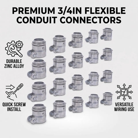 Premium 3/4 inch squeeze connectors for flexible metal conduit, durable zinc alloy, ideal for quick installs in indoor wiring.
