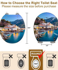 Chill Coast Vibe Slick Round Resin Toilet Seat With Thatched Umbrella And Seaside Shell Print, dimensions shown, measuring guide