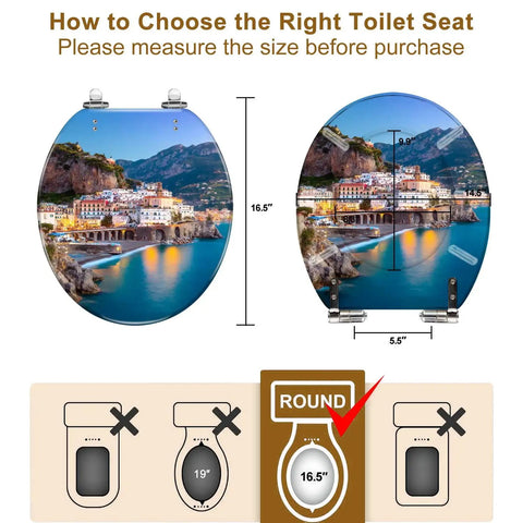 Chill Coast Vibe Slick Round Resin Toilet Seat With Thatched Umbrella And Seaside Shell Print, dimensions shown, measuring guide