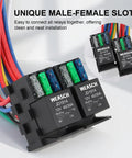 12V 3 Way Fuse Relay Kit with 5 Pin SPDT 40A and 12 AWG Copper Wires showing unique male-female slot feature for vehicles