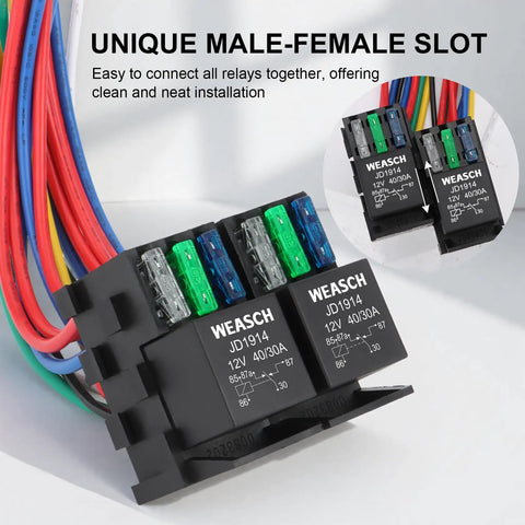 12V 3 Way Fuse Relay Kit with 5 Pin SPDT 40A and 12 AWG Copper Wires showing unique male-female slot feature for vehicles