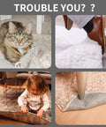 Image showing issues of rugs curling and slipping in various scenarios, highlighting the need for No Slip Rug Gripper Discs 12 Pack Double Sided Reusable Rug Tape To Keep Area Rugs Flat And Stop Curling Stays Put On Hardwood And Tile Floors Washable White Easy To Use.